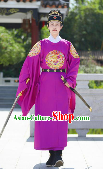 China Ming Dynasty Official Purple Dragon Robe Traditional Hanfu Garment Ancient Imperial Bodyguard Costume