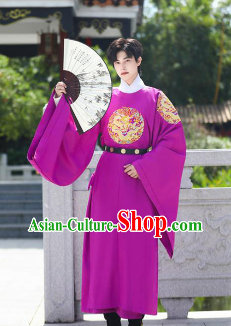 China Ming Dynasty Official Purple Dragon Robe Traditional Hanfu Garment Ancient Imperial Bodyguard Costume