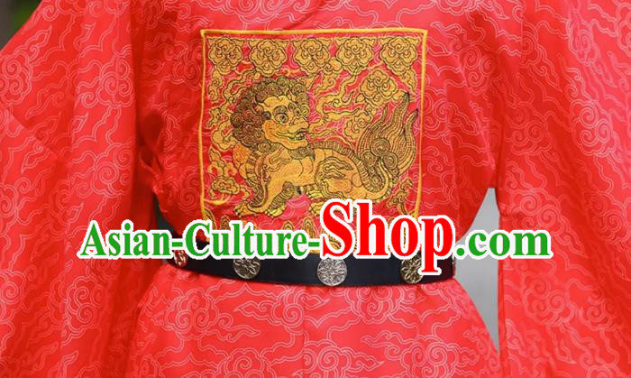 China Traditional Hanfu Garment Ancient Official Costume Ming Dynasty Military Officer Red Robe