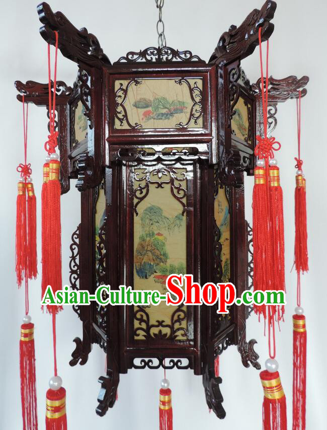 Top Handmade Palace Lantern Chinese Wood Carving Lantern Landscape Painting Lamp