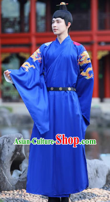 China Traditional Male Hanfu Garment Ancient Emperor Costume Ming Dynasty Prince Blue Embroidered Dragon Robe
