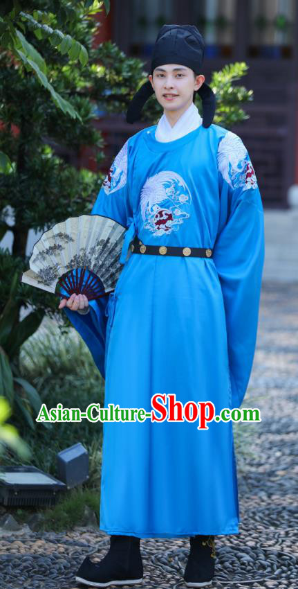 China Tang Dynasty Childe Blue Embroidered Robe Traditional Male Hanfu Garment Ancient Official Costume