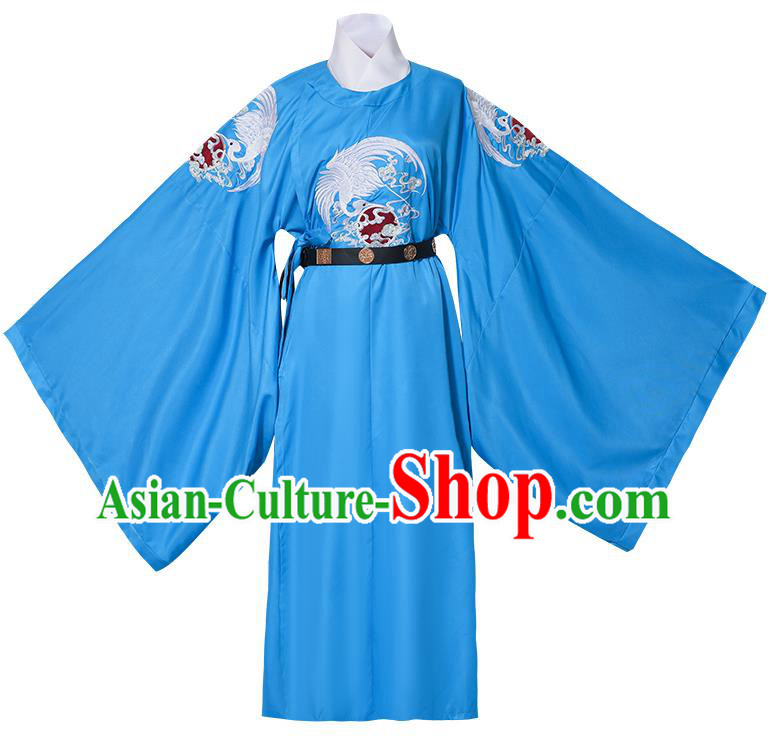China Tang Dynasty Childe Blue Embroidered Robe Traditional Male Hanfu Garment Ancient Official Costume