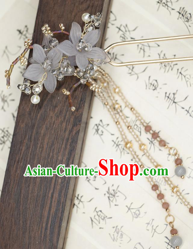 China Ancient Empress Tassel Hairpin Handmade Ming Dynasty Princess Grey Flower Hair Clip Hanfu Hair Jewelry