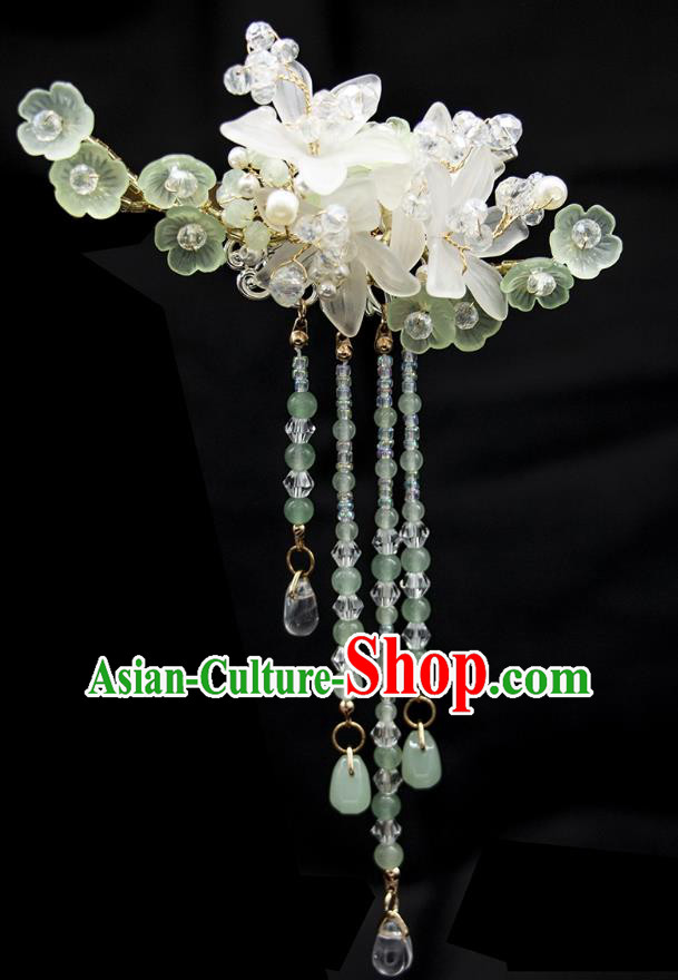 China Hanfu Hair Jewelry Ancient Fairy Green Tassel Hairpin Handmade Song Dynasty Princess Flower Hair Stick