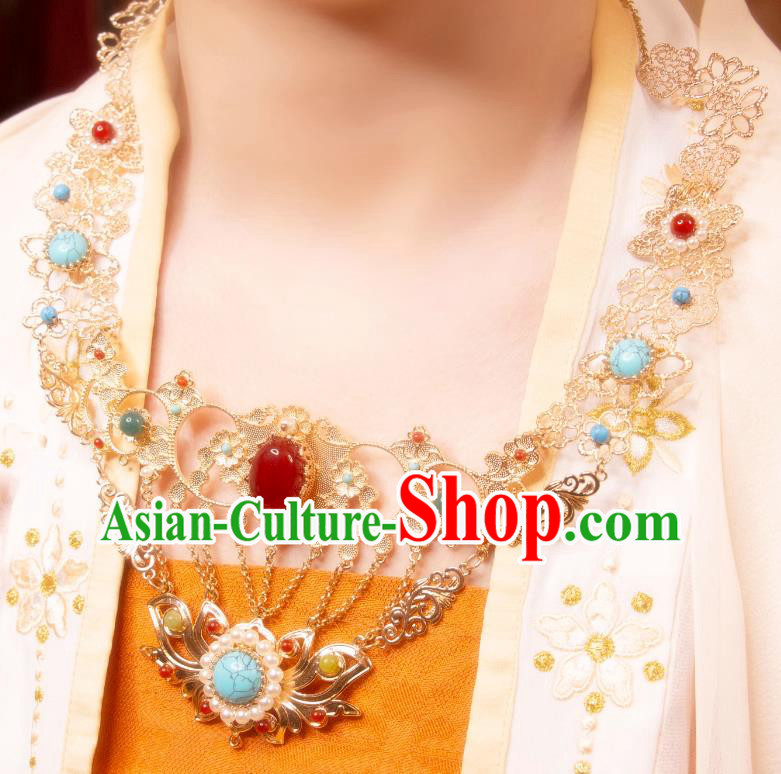 China Tang Dynasty Princess Necklace Handmade Hanfu Ear Jewelry Ancient Dunhuang Fairy Golden Necklet