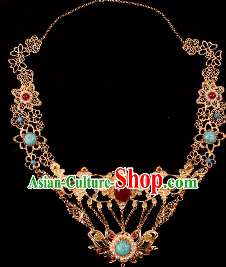 China Tang Dynasty Princess Necklace Handmade Hanfu Ear Jewelry Ancient Dunhuang Fairy Golden Necklet