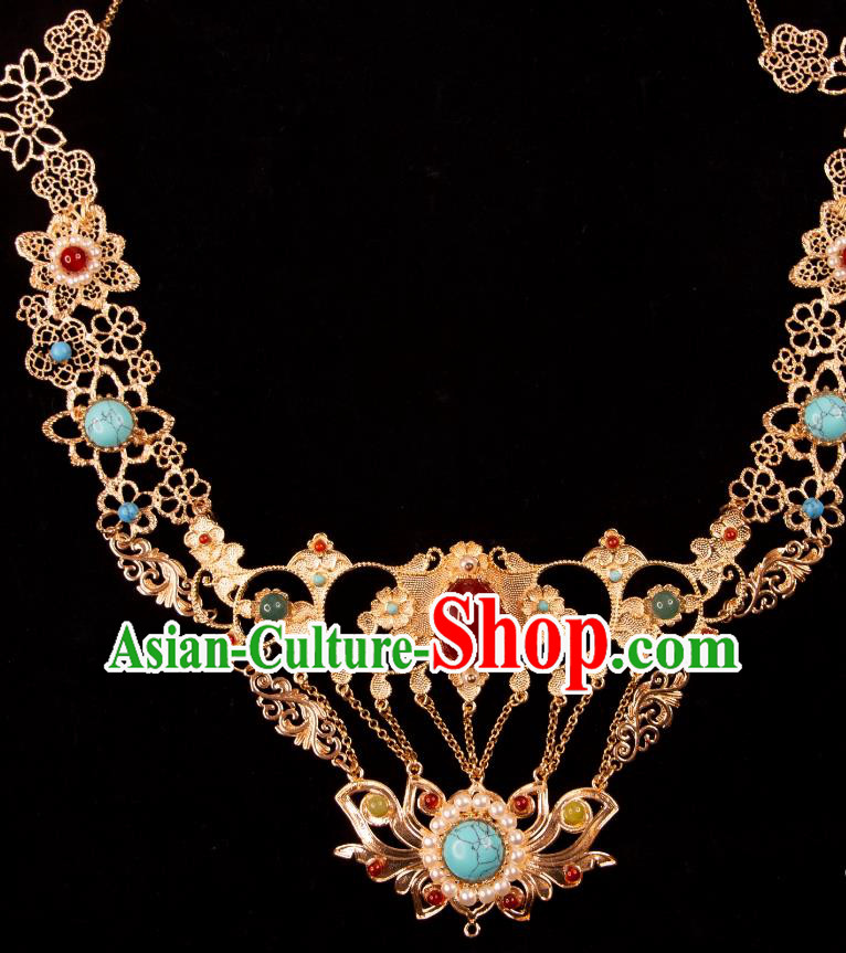 China Tang Dynasty Princess Necklace Handmade Hanfu Ear Jewelry Ancient Dunhuang Fairy Golden Necklet