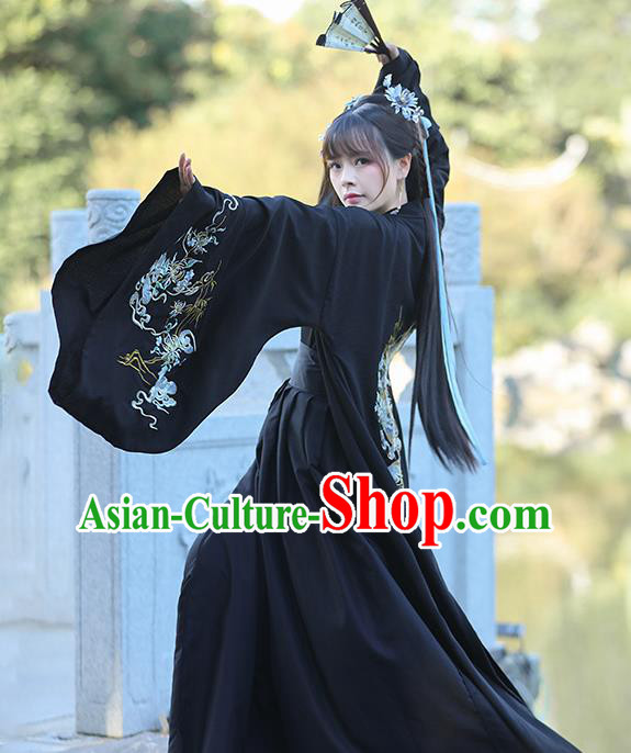 China Han Dynasty Young Lady Clothing Traditional Hanfu Black Dress Ancient Swordswoman Costumes