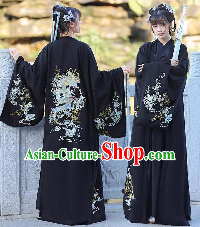 China Han Dynasty Young Lady Clothing Traditional Hanfu Black Dress Ancient Swordswoman Costumes