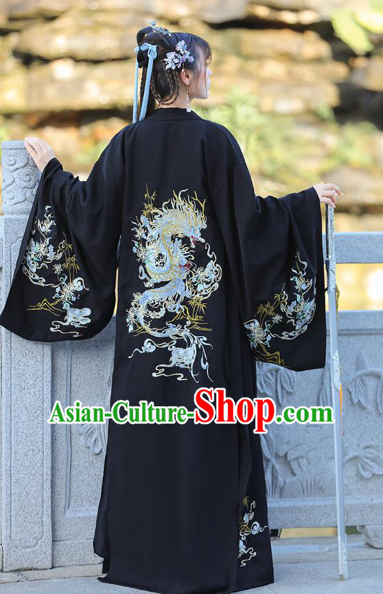 China Han Dynasty Young Lady Clothing Traditional Hanfu Black Dress Ancient Swordswoman Costumes