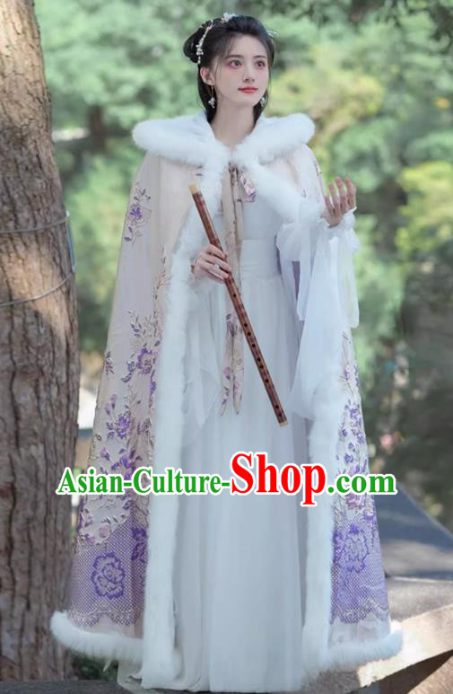 China Ancient Fairy Princess Clothing Ming Dynasty Young Lady Costume Traditional Hanfu Purple Embroidered Cloak
