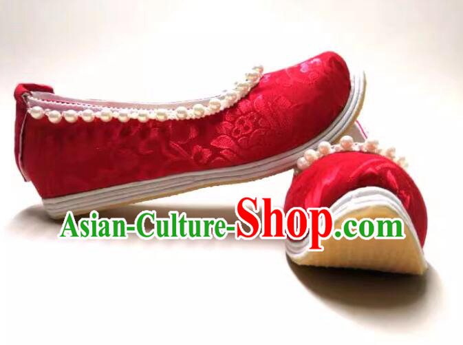 China Song Dynasty Pearls Shoes Ancient Princess Shoes Handmade Hanfu Red Brocade Shoes
