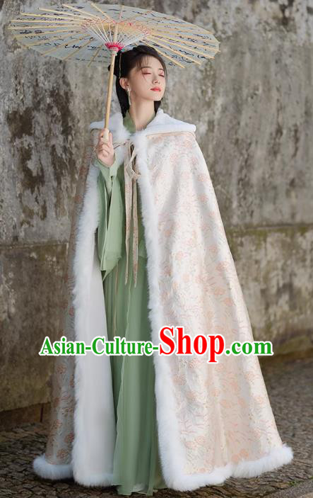 China Ming Dynasty Long Cloak Traditional Hanfu Winter Costume Ancient Princess Mantle Clothing