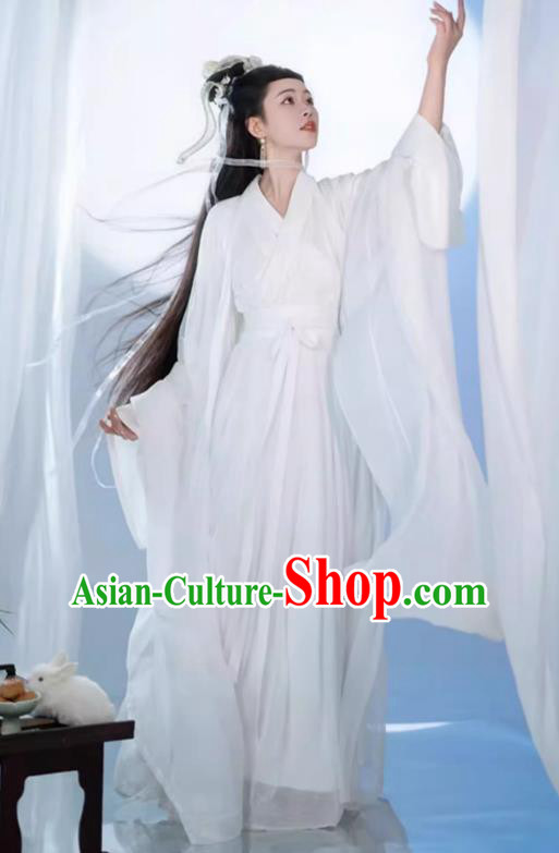 China Ancient Goddess Chang E Clothing Song Dynasty Swordswoman Costume Traditional Hanfu White Fairy Dress