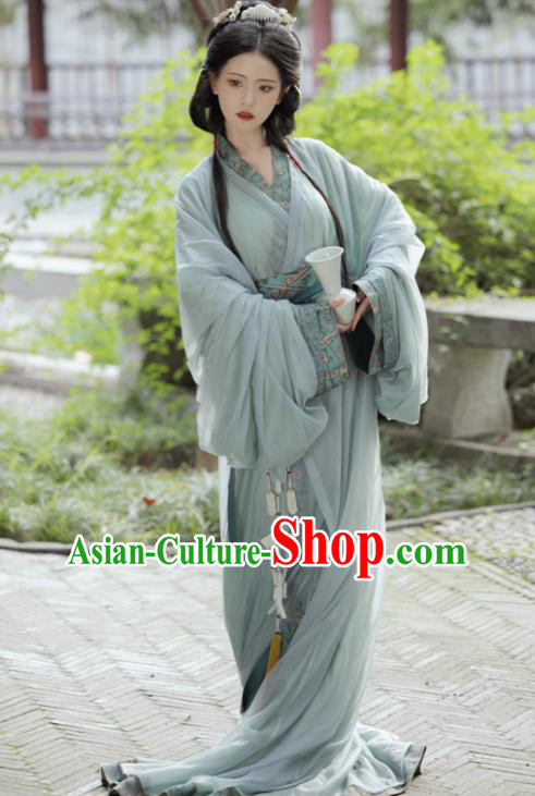 Traditional Hanfu Green Straight Front Robe China Ancient Court Woman Clothing the Warring States Time Noble Lady Costumes