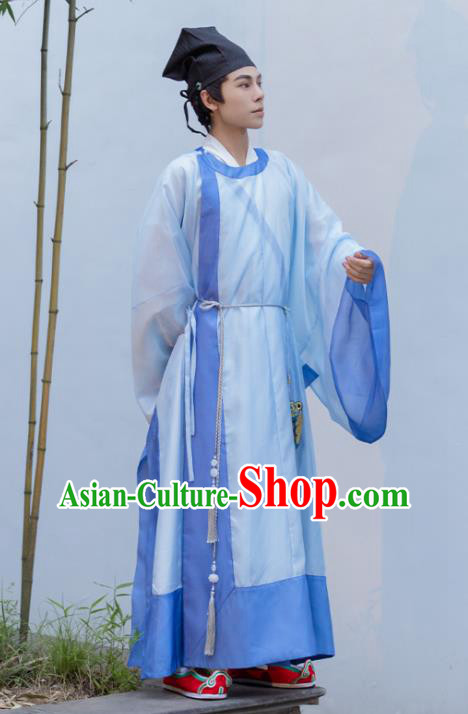 China Ming Dynasty Scholar Costumes Traditional Hanfu Blue Robe Ancient Young Man Bachelor Clothing
