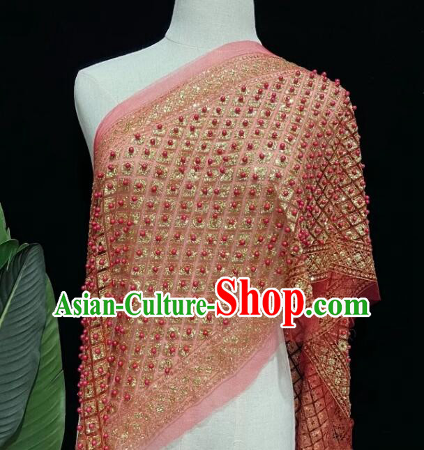 Red Mantilla Thailand Traditional Costume Handmade Embroidered Beads Shawl