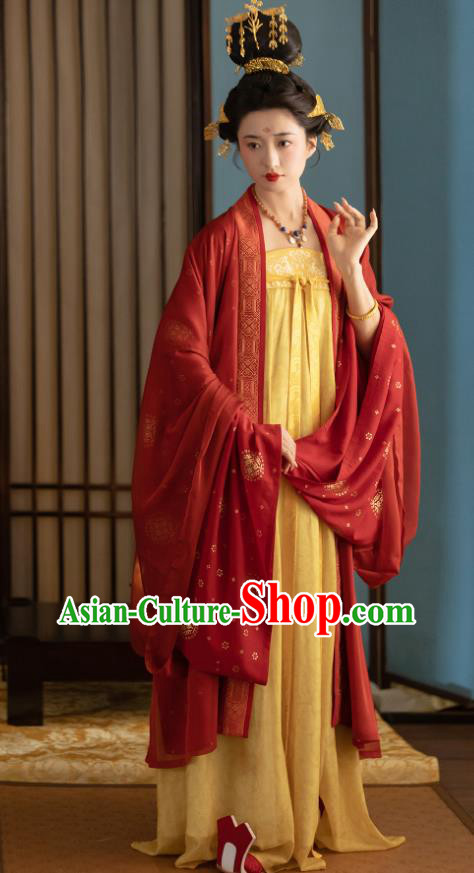 China Traditional Hanfu Red Wide Sleeve Cape and Yellow Dress Late Tang Dynasty Empress Costumes Ancient Noble Woman Clothing