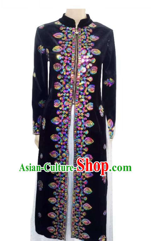 Black Chinese Xinjiang Dance Costumes Gold Velvet Embroidered Sequins Long Vest