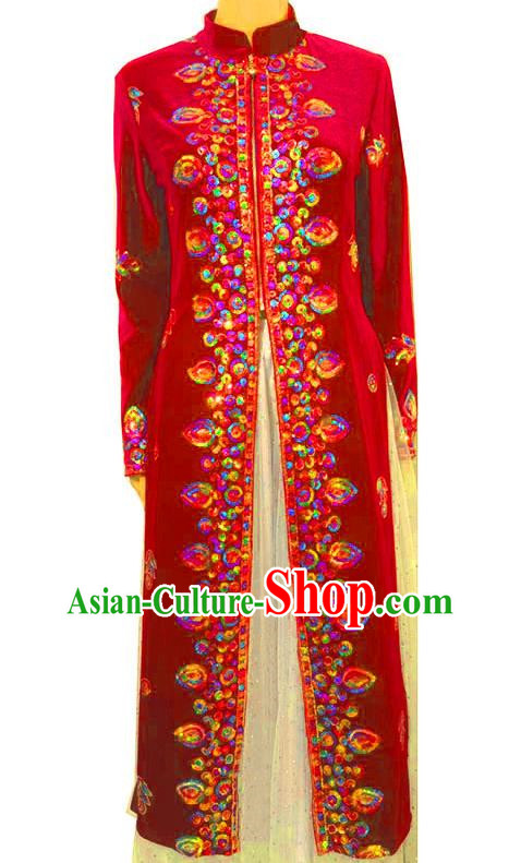 Red Chinese Xinjiang Dance Costumes Gold Velvet Embroidered Sequins Long Vest