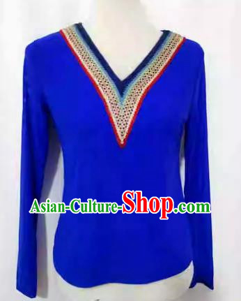 Royal blue China Xinjiang dance costume stretch mesh t-shirt bottoming shirt long sleeve slim fit