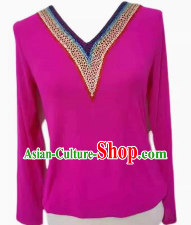 Rose Red China Xinjiang Dance Costume Stretch Mesh T-shirt Bottoming Shirt Long Sleeve Slim Fit