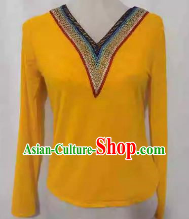 Yellow China Xinjiang Dance Costume Elastic Mesh T-shirt Bottoming Shirt Long Sleeve Slim Fit