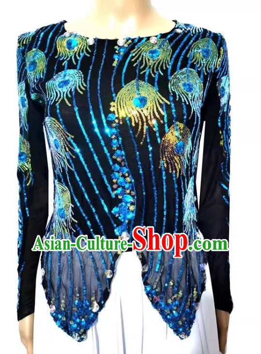 Blue Chinese Xinjiang dance costume mini pointed vest double-layered t-shirt sequined phoenix tail high elastic shiny four seasons