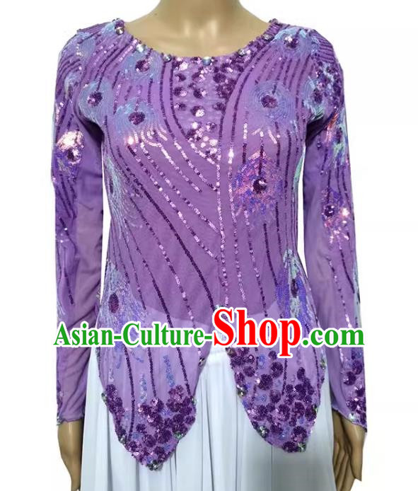 Purple Chinese Xinjiang Dance Dress Mini Sharp Horn Vest Double Layer T-shirt with Sequin Phoenix Tail High Elastic Shining Four Seasons