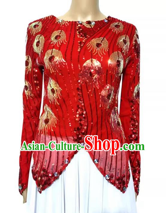 Red Chinese Xinjiang dance costume mini pointed vest double-layered t-shirt sequined phoenix tail high elastic shiny four seasons