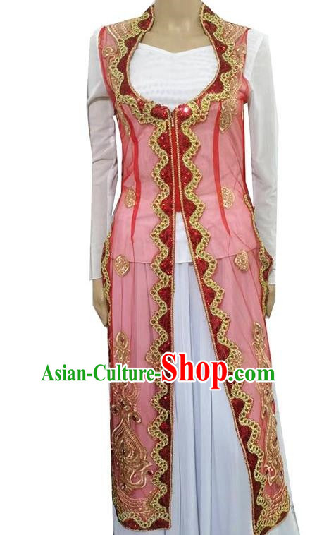 Red China Xinjiang Dance Costume Transparent Embroidered Tail Long Vest