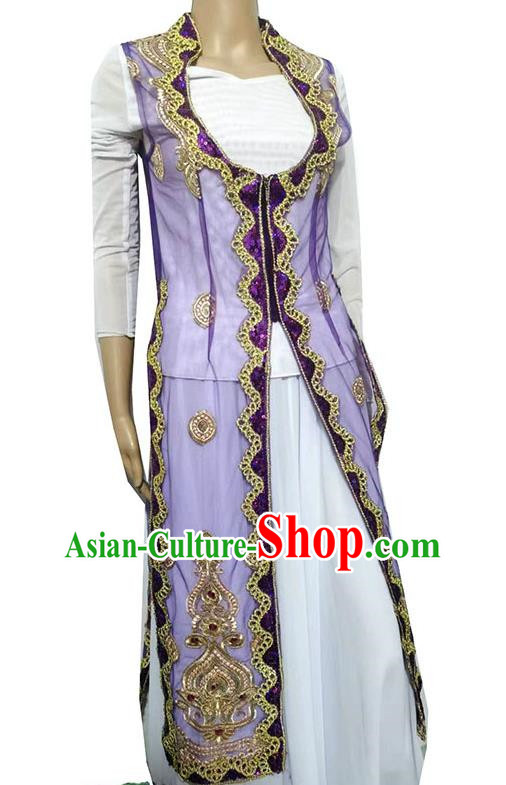 Purple China Xinjiang Dance Costume Transparent Embroidered Tail Long Vest