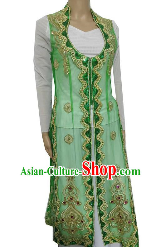 Green China Xinjiang Dance Costume Transparent Embroidered Tail Long Vest