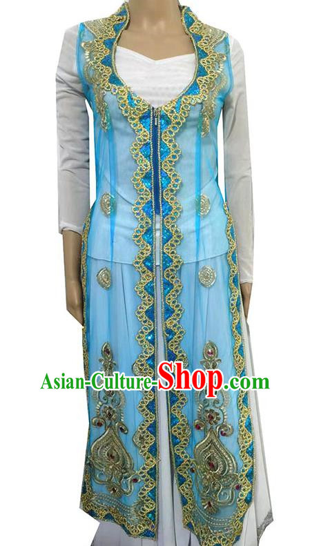 Blue China Xinjiang Dance Costume Transparent Embroidered Tail Long Vest