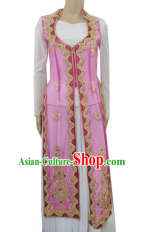 Pink China Xinjiang Dance Costume Transparent Embroidered Tail Long Vest