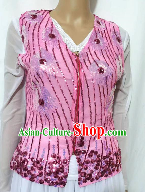 Pink Chinese Xinjiang dance sequined sari stage performance ethnic style vest short style