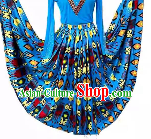 Blue China Xinjiang Dance Costume Adelaide Stage Performance Practice 720 Degree Large Swing Skirt