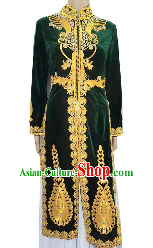 Green China Xinjiang dance stage performance long vest with ruffles