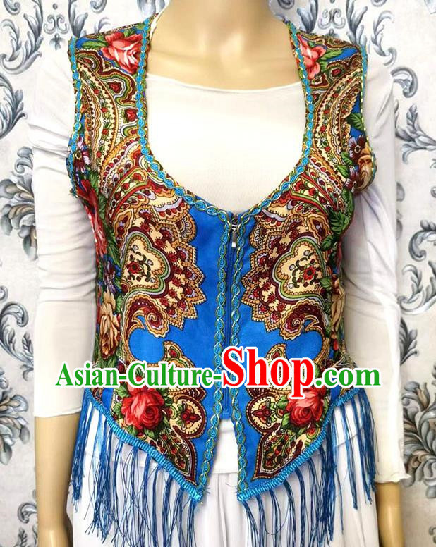 Blue China Xinjiang Dance Women Vest Maixi Lapu Ethnic Style Printed Vest