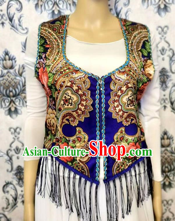 Sapphire blue China Xinjiang dance women vest Maxilapu ethnic style printed vest