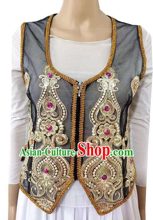 Black China Xinjiang Dance Sari See-through Heavy Industry Inlaid Gemstone New Short Vest