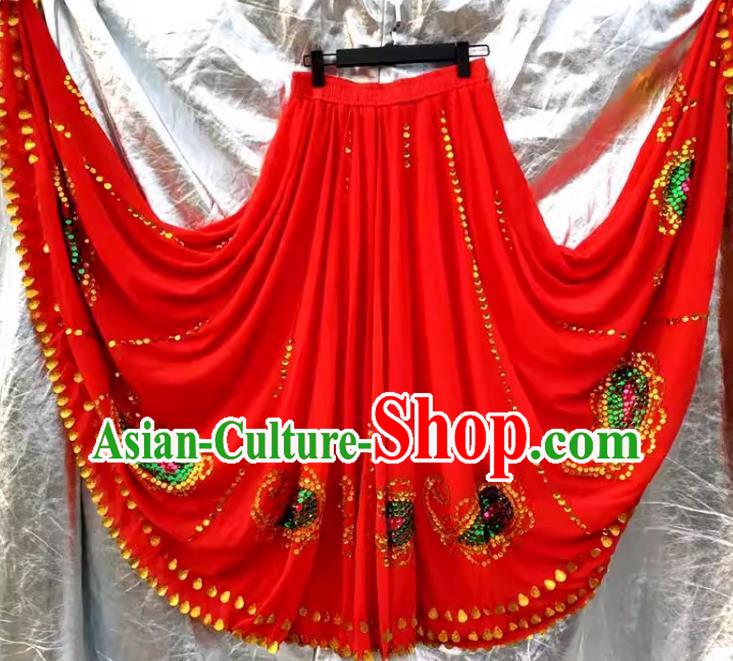 Red China Xinjiang Dance Uyghur Maixilipu Stage Square Dance Ethnic Characteristics Pure Handmade Sequin Large Swing Skirt