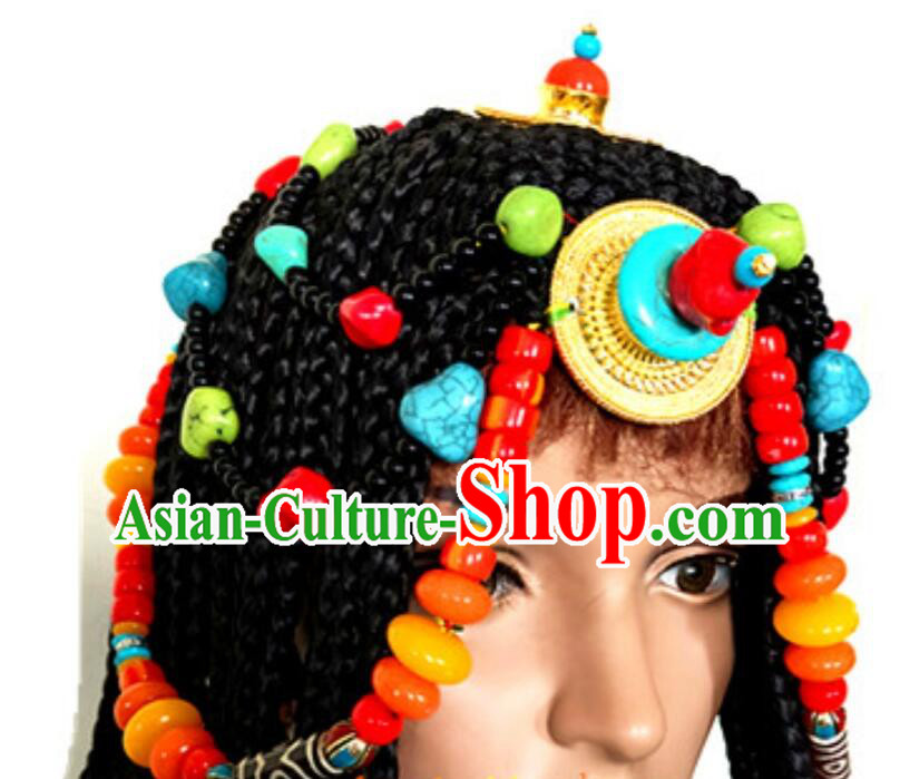 Top China Zang Nationality Folk Dance Headwear Wedding Woman Headpiece Handmade Tibetan Hair Jewelry