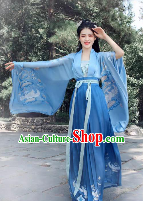 Ancient China Young Woman Clothing Traditional Hanfu Blue Wide Sleeve Ruqun Song Dynasty Lady Costumes