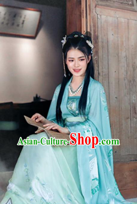 China Jin Dynasty Royal Princess Costumes Ancient Young Woman Clothing Traditional Hanfu Green Wide Sleeve Ruqun