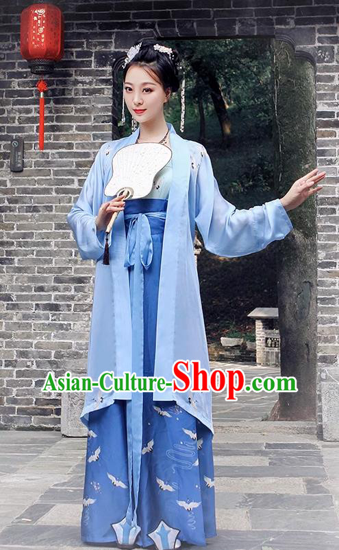 China Ancient Young Mistress Clothing Traditional Hanfu Blue Beizi and Skirt Song Dynasty Woman Costumes