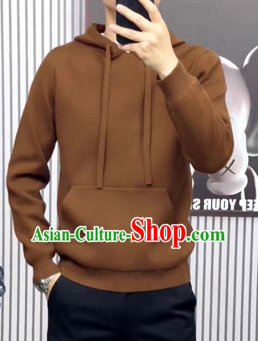 Men Woolen Knitted Sweater Brown Hoodie Jacket Top Grade Sweater