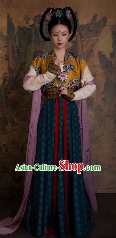 China Tang Dynasty Royal Princess Clothing Ancient Court Lady Replica Costumes Traditional Hanfu Mulberry Silk Beizi and Po Skirt