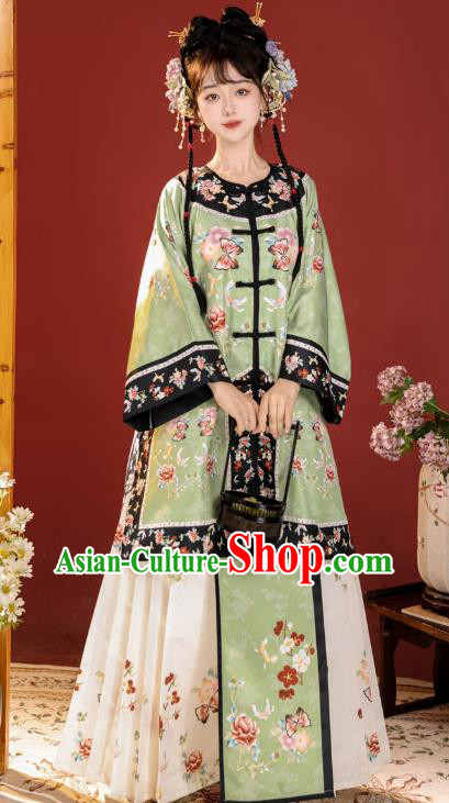 Chinese Ancient Court Princess Clothing Qing Dynasty Costumes Green Blouse and Skirt Complete Set
